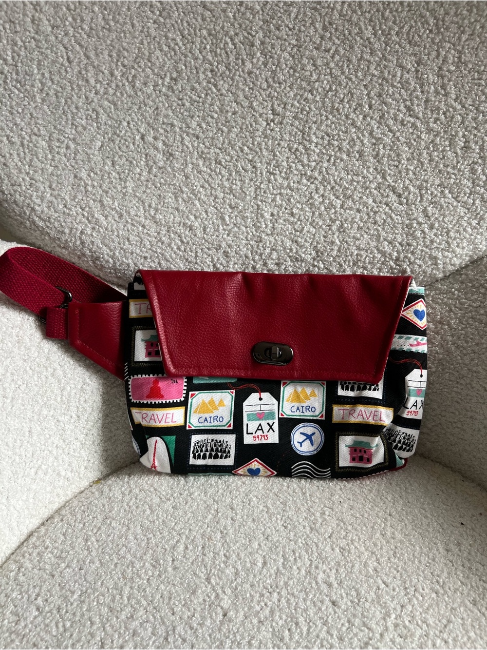 Red Travel-Print Crossbody Belt Bag